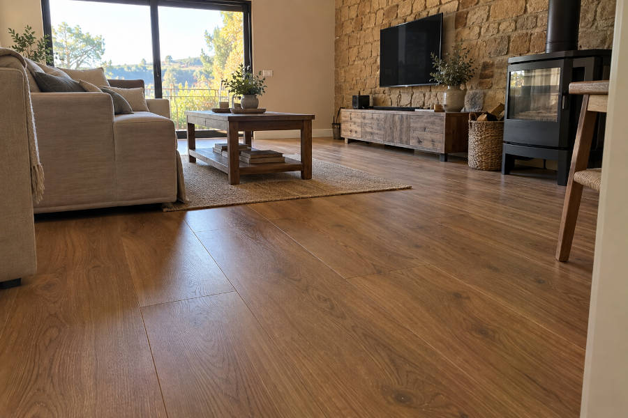 Sala de estar após a instalação de um pavimento de madeira