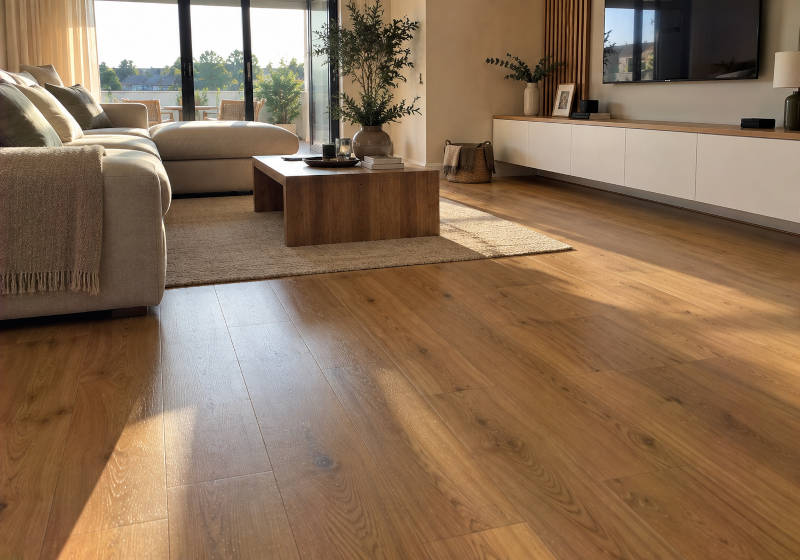Pavimento flutuante instalado numa sala dum apartamento em Loulé