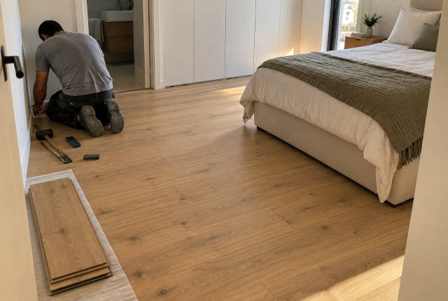Réguas de chão laminado durante a montagem