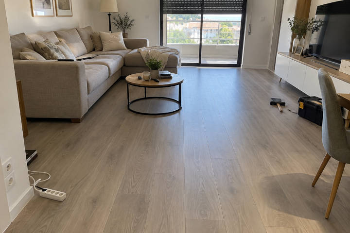 Sala de estar de um apartamento com pavimento flutuante recém-instalado