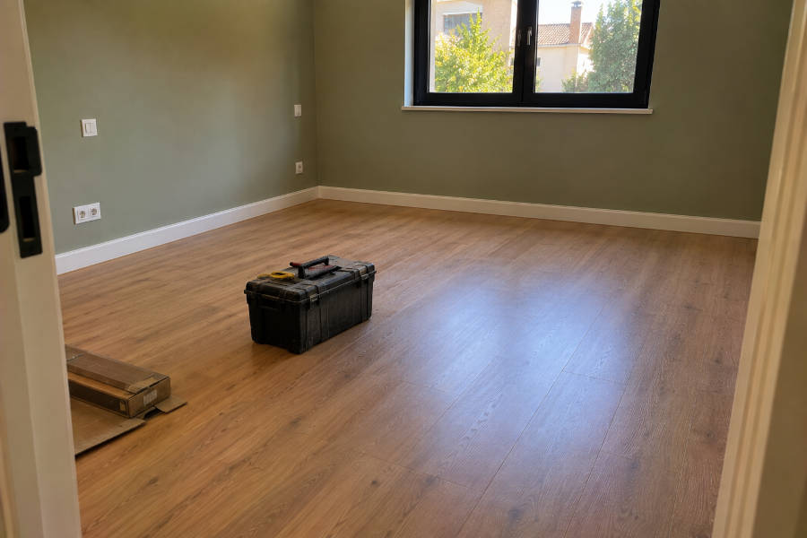 quarto vazio com uma caixa de ferramentas no chão